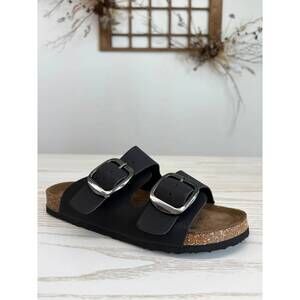 NEW OUTWOODS women's bold buckle slide sandals in black